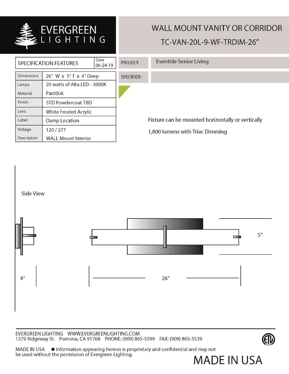 evergreen lights TC-VAN-20L-9-WF-TRDIM-26 Indoor Indoor Custom Wall