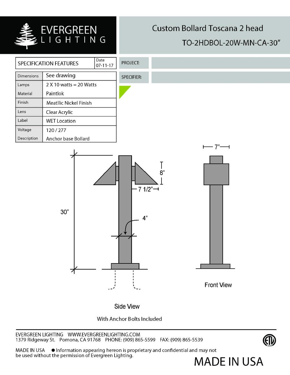 evergreen lights TO-2HDBOL-20W-MN-CA-30 Outdoor Custom Outdoor Custom Bollard
