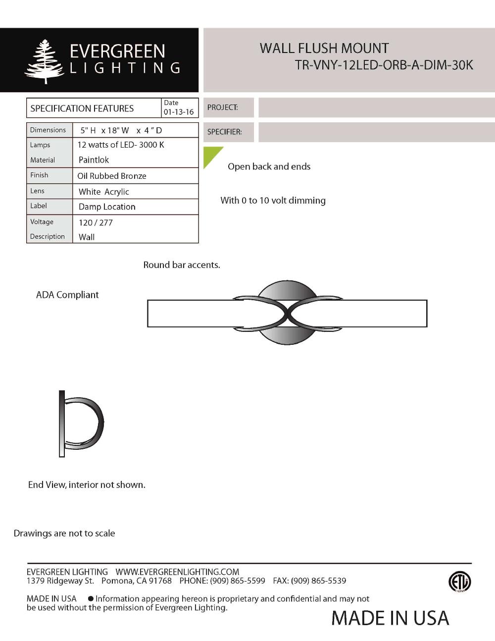 evergreen lights TR-VNY-12LED-ORB-A-DIM Indoor Indoor Custom Wall