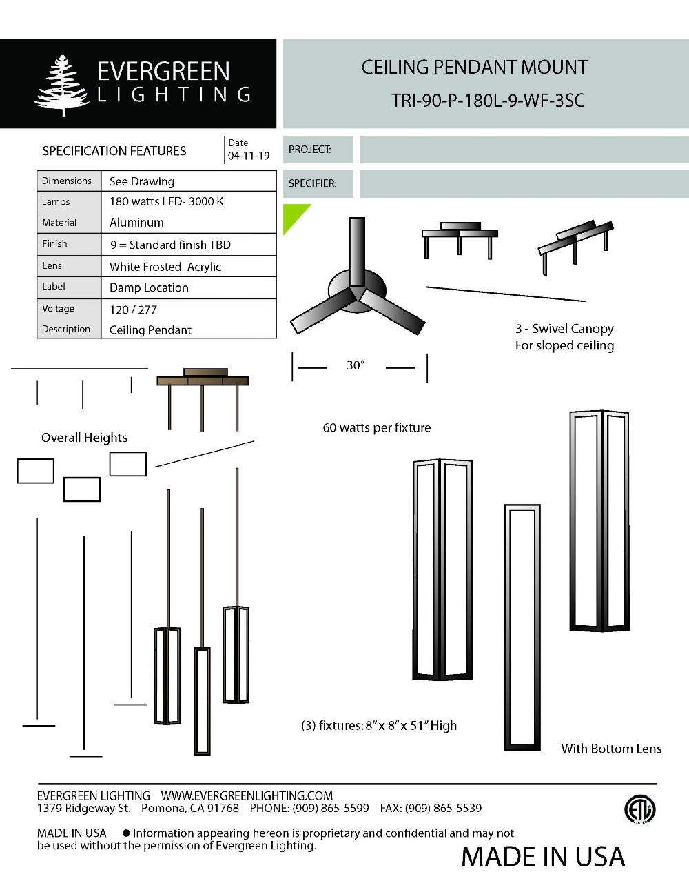 evergreen lights TRI-90-P-180L-60BRZ Indoor Indoor Custom Ceiling