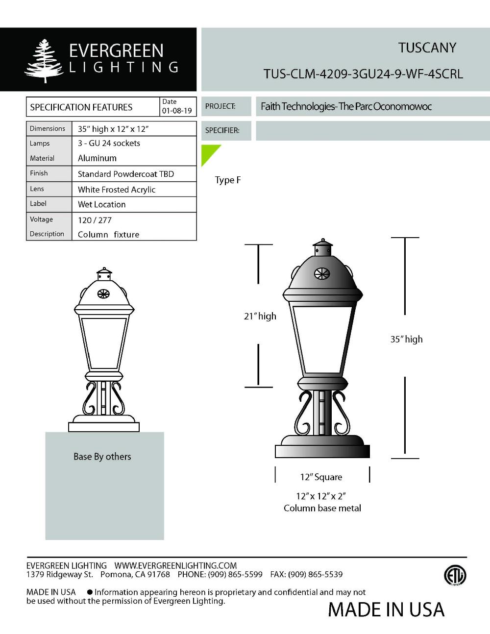 evergreen lights TUS-CLM-4209-3GU24 Outdoor Custom Column Mount