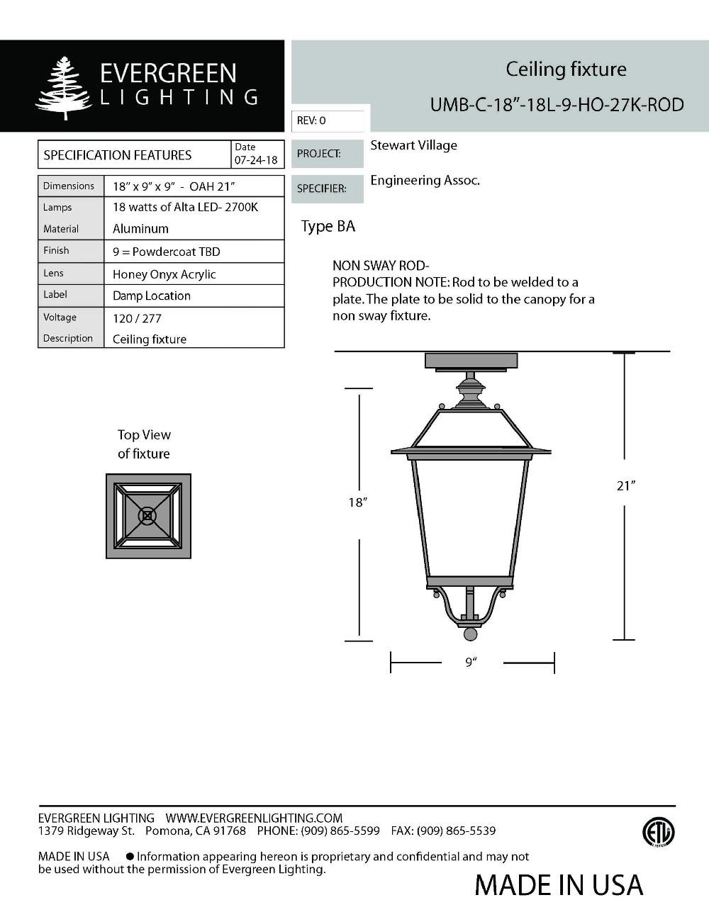 evergreen lights UMB-C-18-18L-9-HO-27K-ROD Outdoor Custom Ceiling