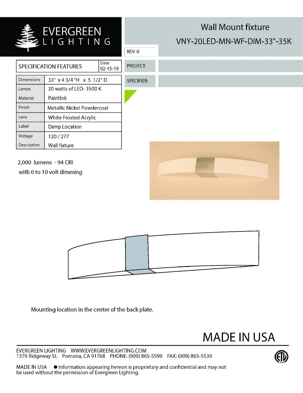 evergreen lights VNY-20LED-MN-WF-DIM-33 Outdoor Custom Wall