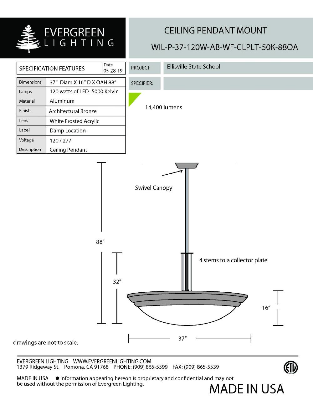 evergreen lights WIL-P-37-120W-AB-WF-CLPLT-50K-88OA Indoor Indoor Custom Ceiling
