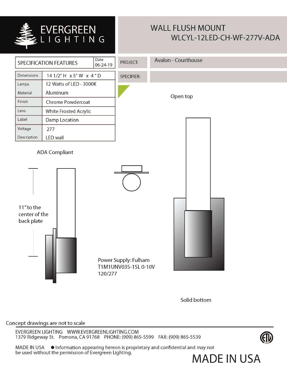 evergreen lights WLCYL-12LED-CH-WF-277V-ADA Indoor Indoor Custom Wall