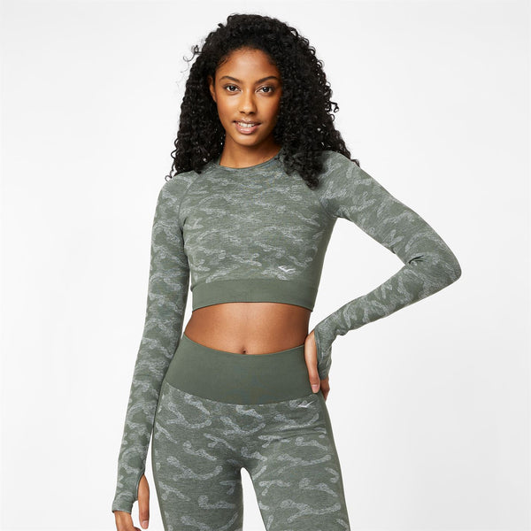everlast Womens Seamless L/S Camo Crop Top Dark Olive