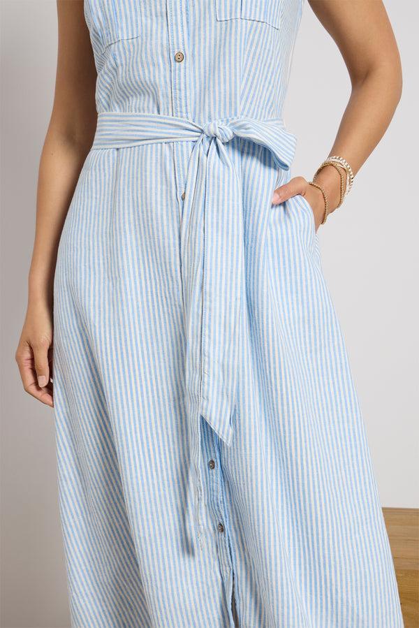 Everve Bowie Linen Button Front Shirt Dress Bluewhitestripe