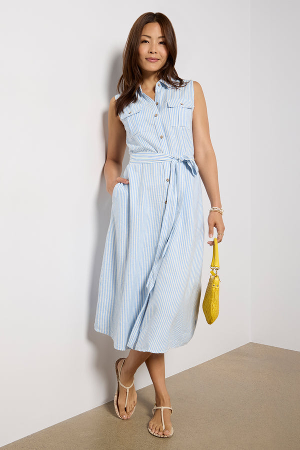 Everve Bowie Linen Button Front Shirt Dress Bluewhitestripe