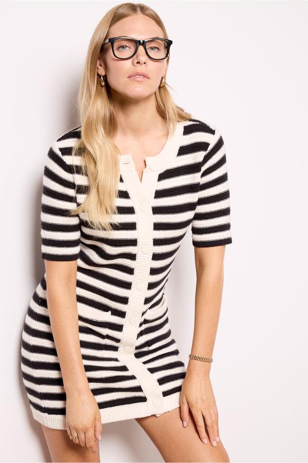 Everve Button Front Knitted Dress Chalk/Blackstripe