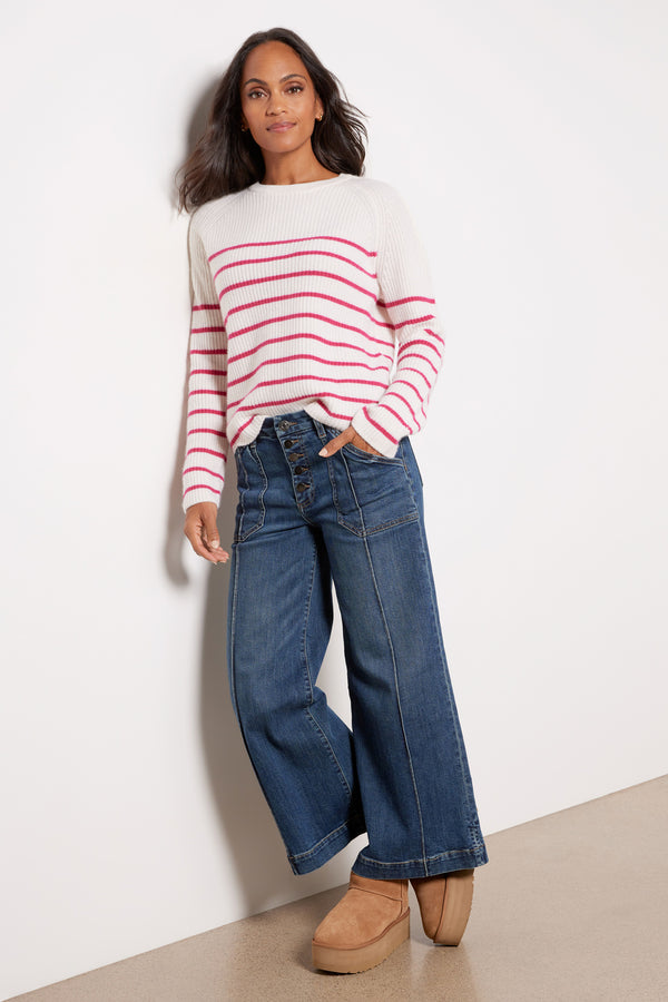 Everve Campbell Cashmere Stripe Pullover Ivory/Pinkstripe