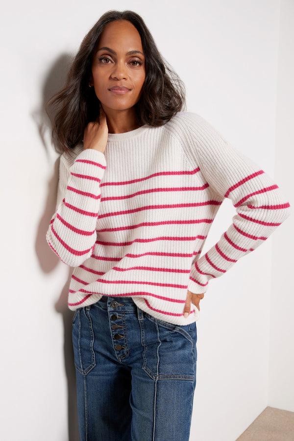 everve Campbell Cashmere Stripe Pullover Ivory/Pinkstripe