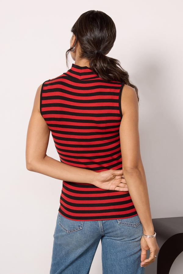 Everve Essential Stripe Sleeveless Mock Neck Black/Redstripe