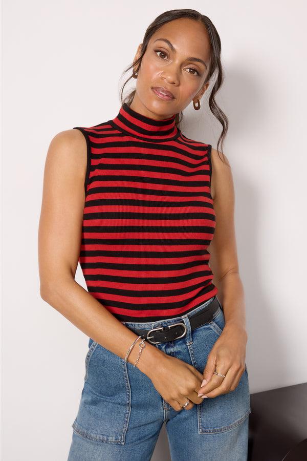 everve Essential Stripe Sleeveless Mock Neck Black/Redstripe