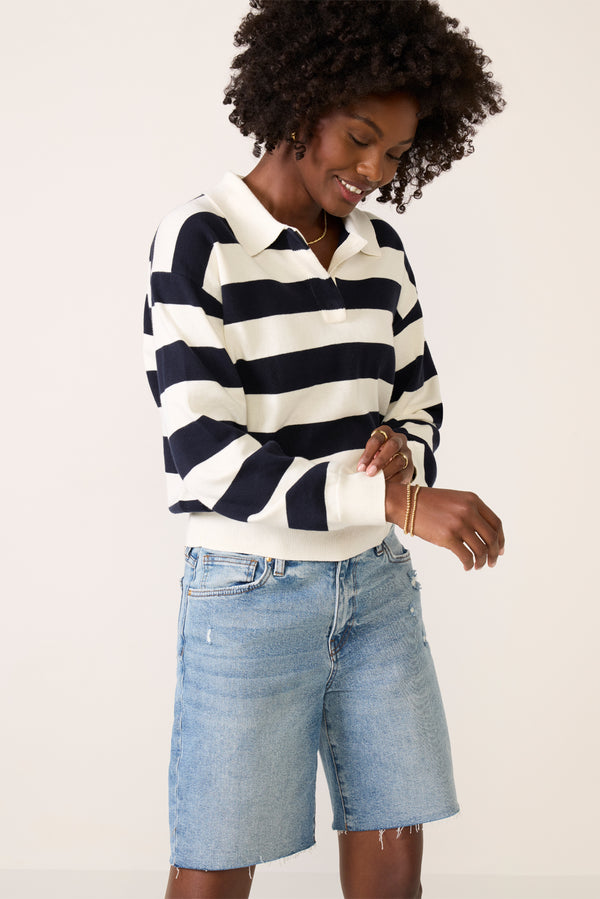 Everve Angelina Polo Sweater Ivory/Navy