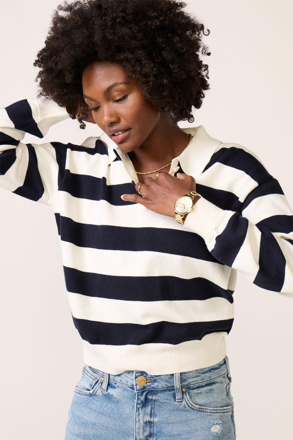 Everve Angelina Polo Sweater Ivory/Navy