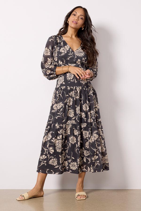 everve Ariana Floral Midi Dress Parchment
