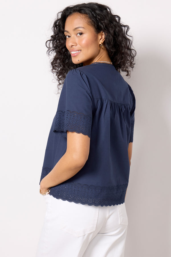 Everve Blair Cutwork Trim Top Navy