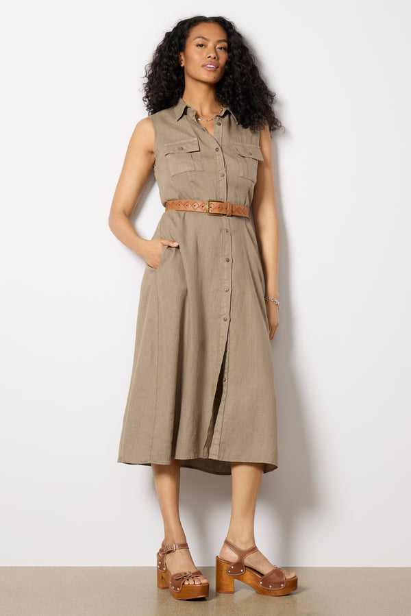 everve Bowie Linen Button Front Shirt Dress Taupe