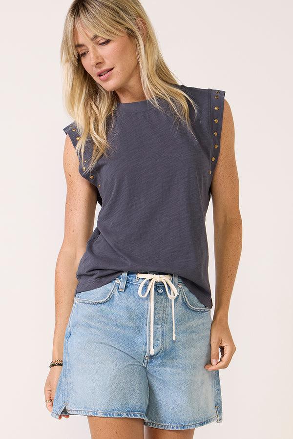 Everve Brinley Studded Sleeve Tee Black