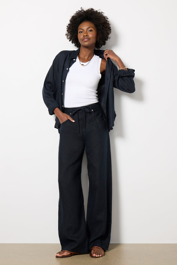 everve Brynn Drawstring Linen Pant Truenavy