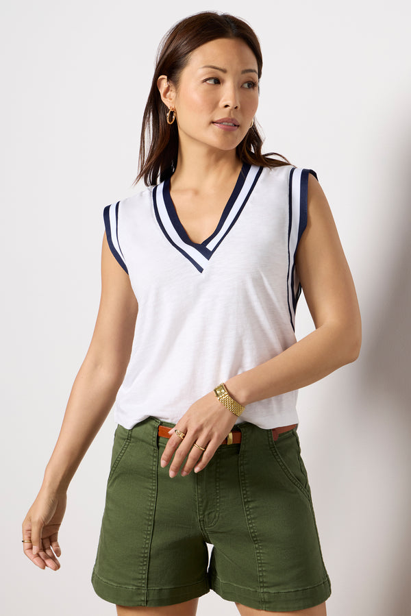 Everve Callie Varsity V Neck Tank White/Navy