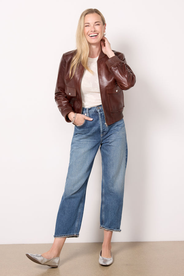 Everve Candace Leather Bomber Chocolatebrown
