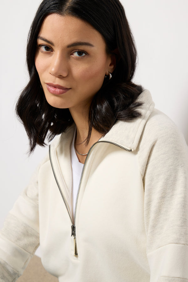 Everve Cece Varsity Quarter Zip Oatmeal/White