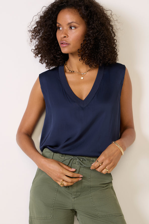 Everve Celina V Neck Satin Tank Navy