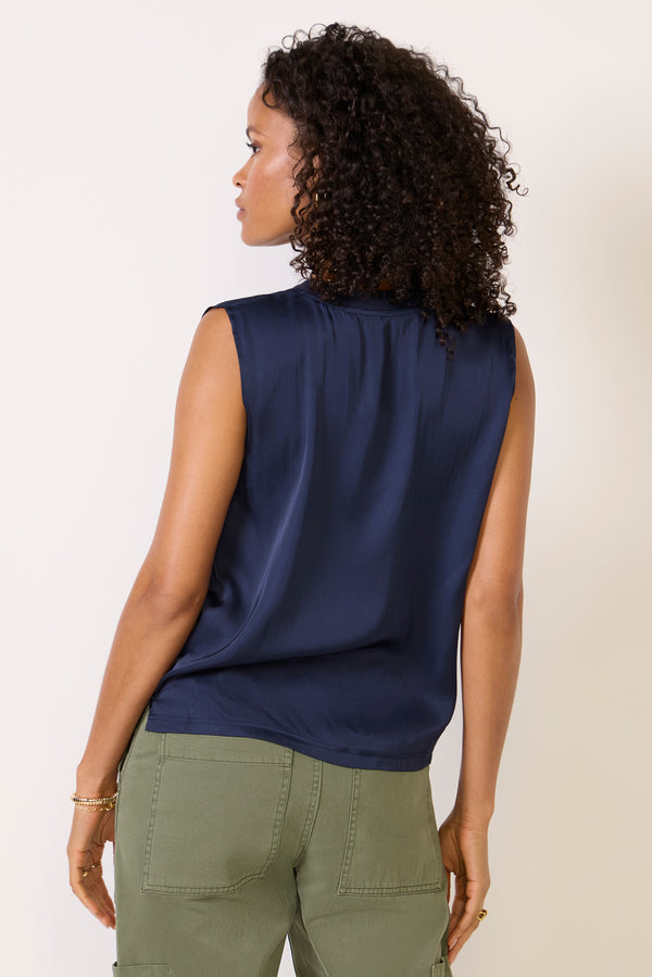 Everve Celina V Neck Satin Tank Navy