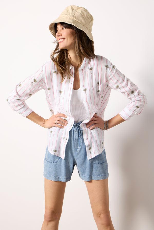 everve Charli Button Down Pinkpalmstripe
