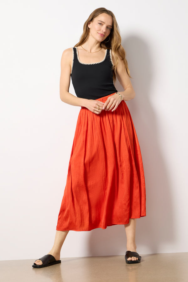 everve Claire Satin Midi Skirt Cabanared