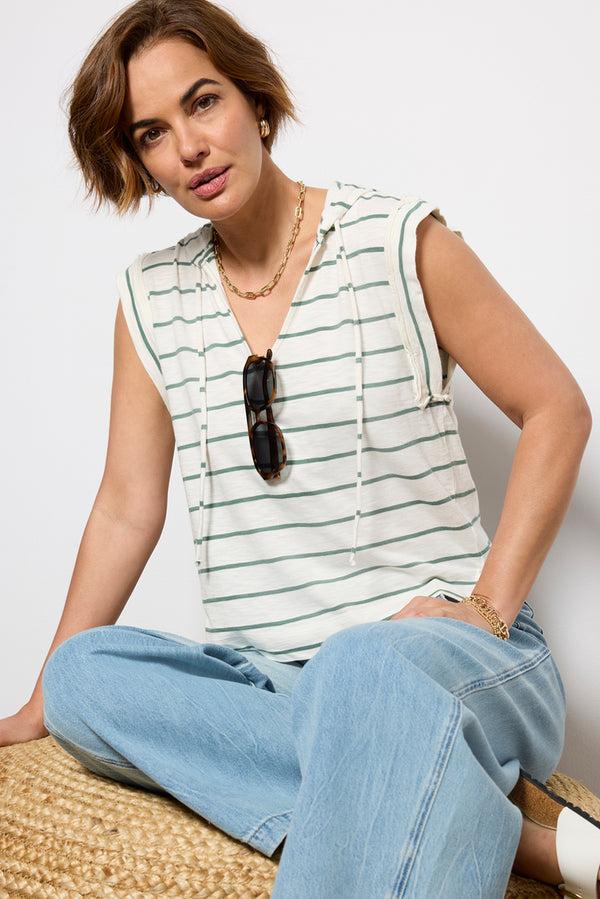 Everve Cruz Sleeveless Hoodie Ivory/Greenstripe