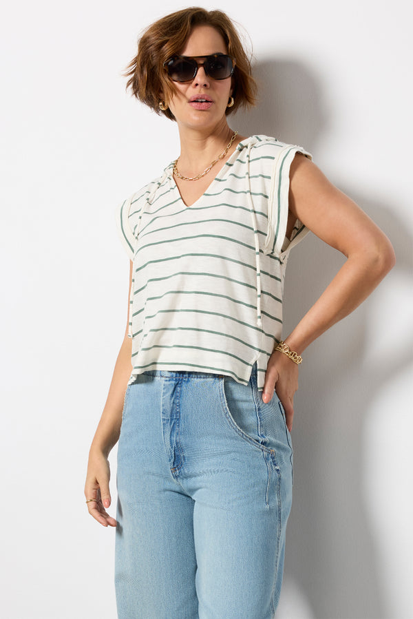 Everve Cruz Sleeveless Hoodie Ivory/Greenstripe