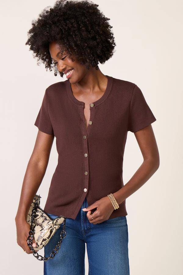 Everve Eden Button Front Sweater Chocolate
