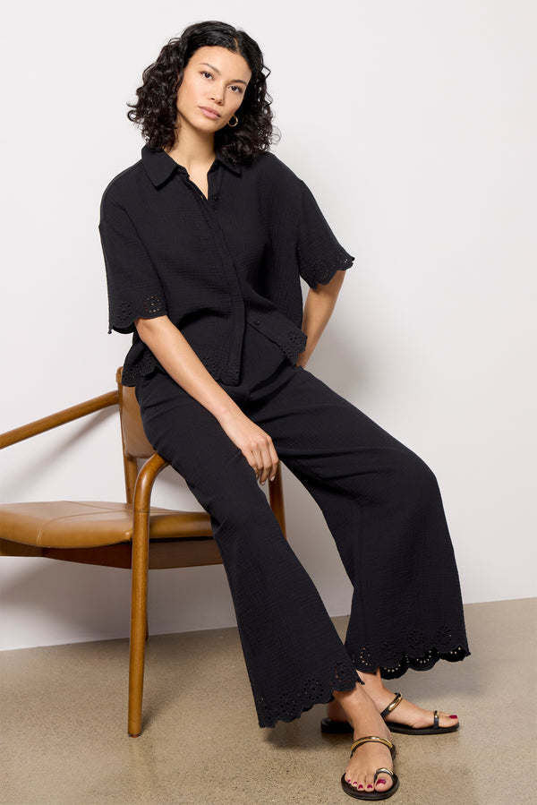 Everve Eden Gauze Eyelet Top Black