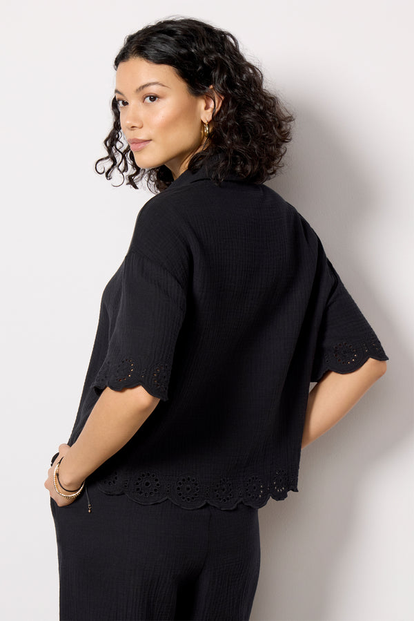 Everve Eden Gauze Eyelet Top Black