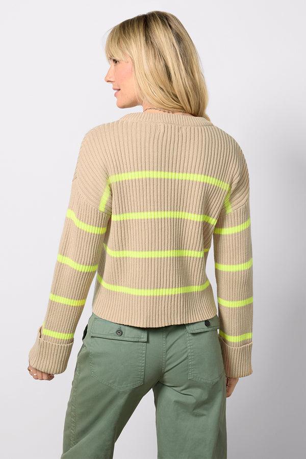Everve Emma Crew Stripe Pullover Oat/Neon
