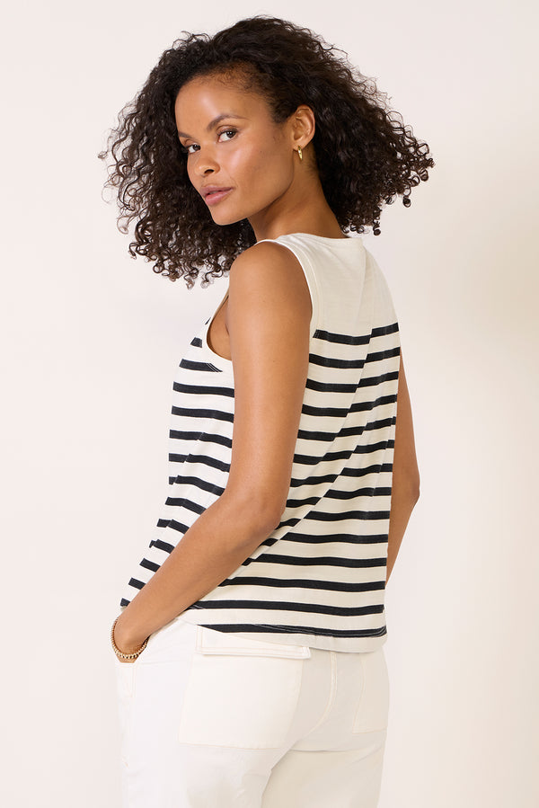 Everve Esme Striped Henley Tank White/Blackstripe
