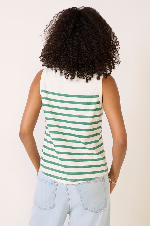 Everve Esme Striped Henley Tank White/Greenstripe