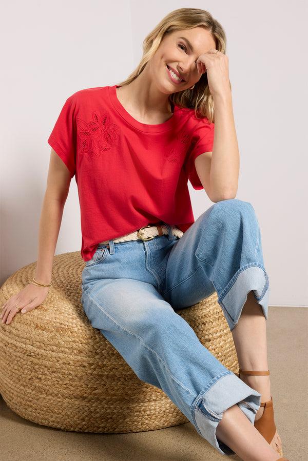 Everve Everly Short Sleeve Cut Work Tee Red