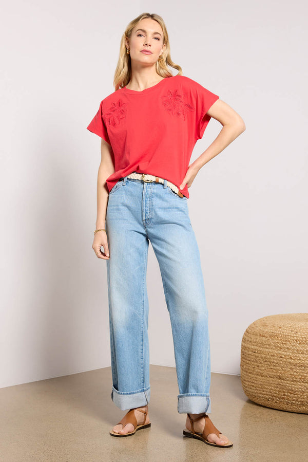 everve Everly Short Sleeve Cut Work Tee Red
