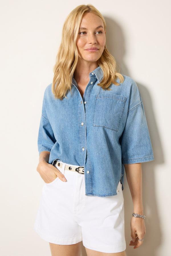 Everve Frances Cropped Cape Button Up Skyland