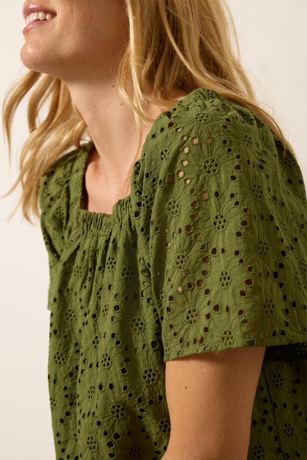Everve Hadley Eyelet Top Olive