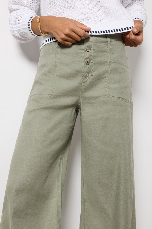 Everve Joelle Stretch Linen Cropped Wide Leg Olive