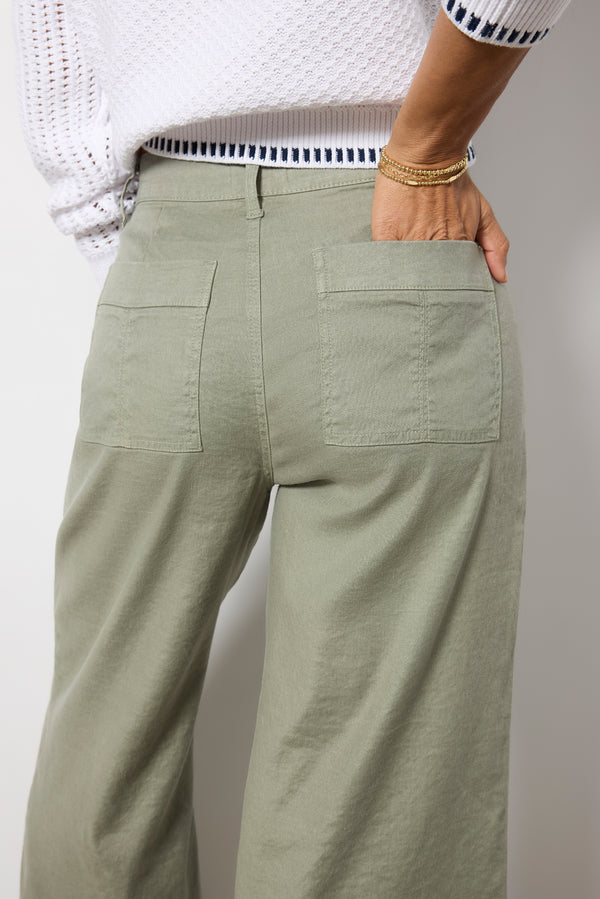 Everve Joelle Stretch Linen Cropped Wide Leg Olive