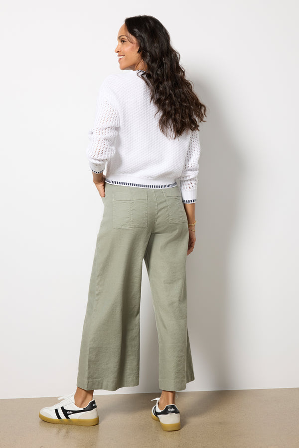 Everve Joelle Stretch Linen Cropped Wide Leg Olive