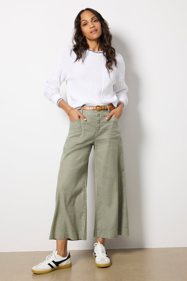 everve Joelle Stretch Linen Cropped Wide Leg Olive