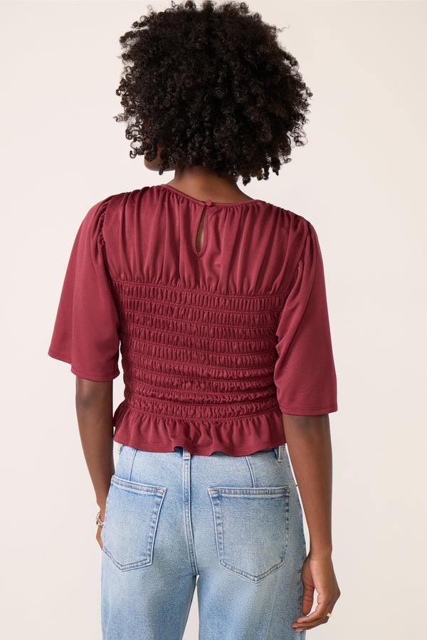 Everve Landon Smocked Top Darkred