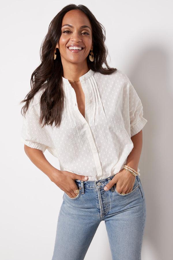 everve Mandarin Collar Top Saltswissdot