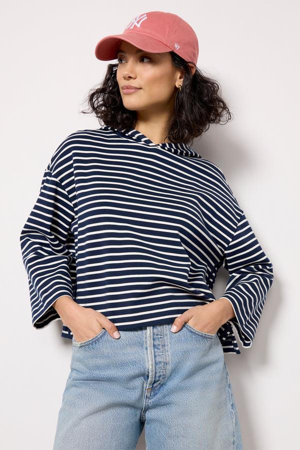 Everve Mia Stripe Hoodie Navy/White